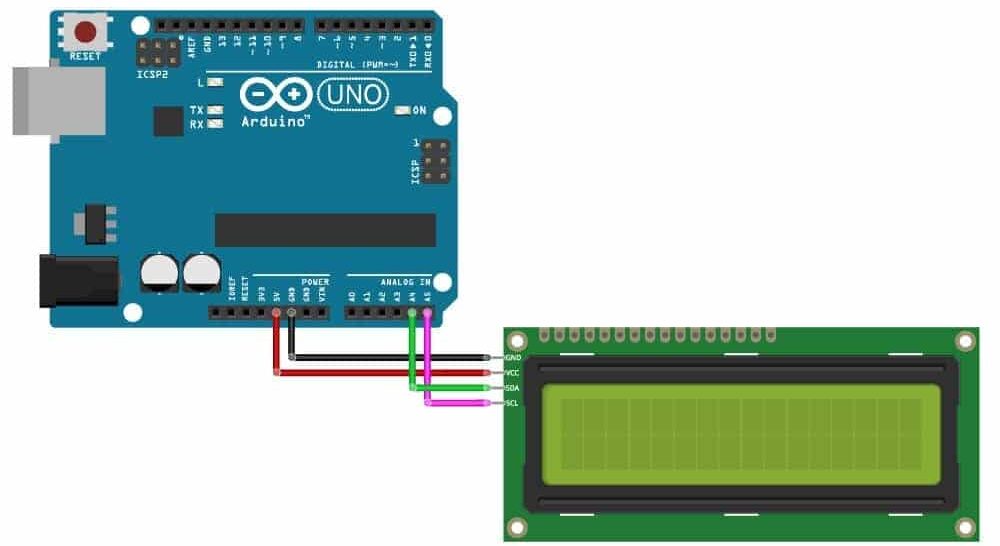 16x2 Display and UNO Wiring Image