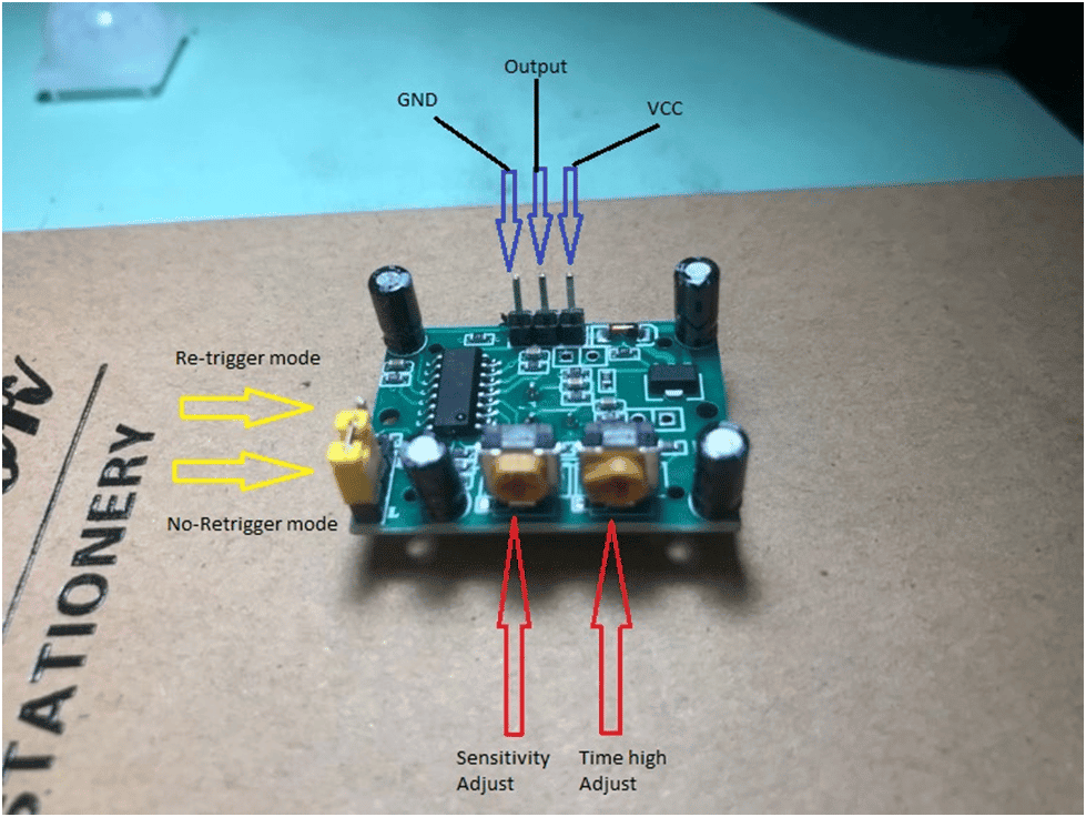 HC-SR501 jumpers, pins, and potentiometers